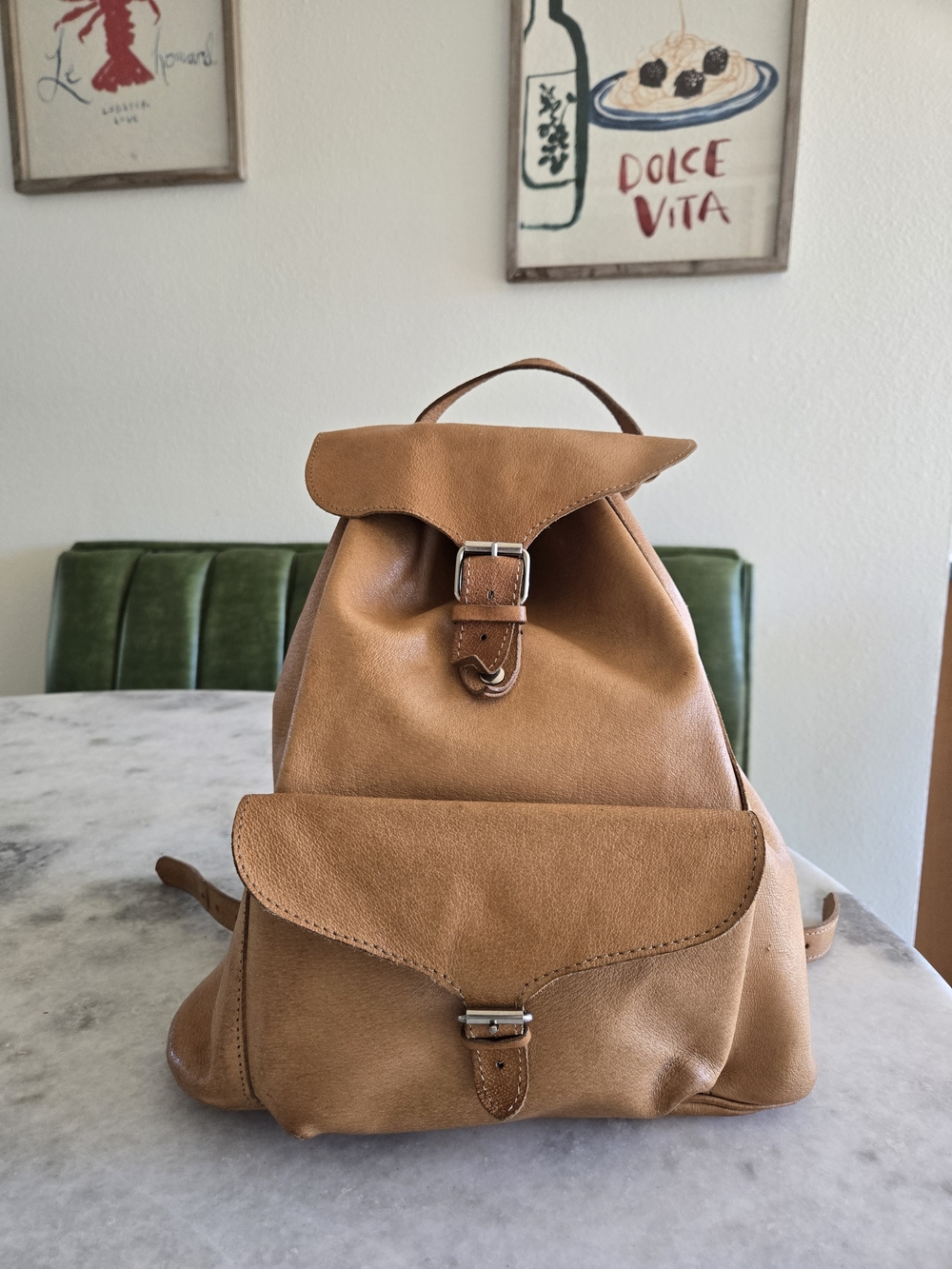 Vintage | 100% Leather Backpack with Front Buckle | Tan